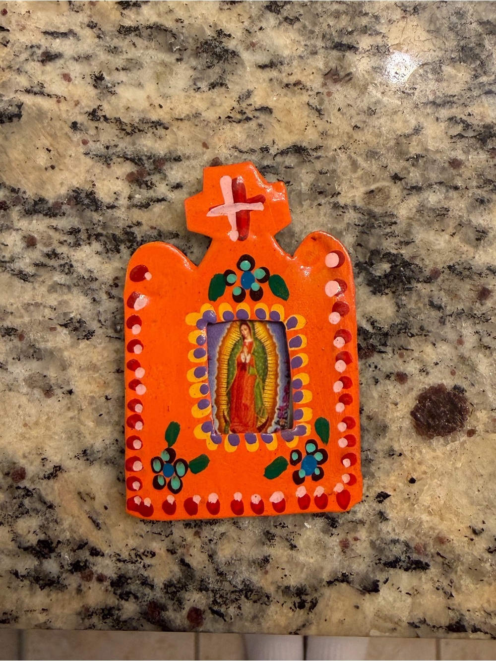 Hand-Painted Orange Virgen de Guadalupe Magnet